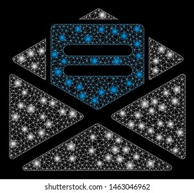Glowing mesh open mail with glare effect. Abstract illuminated model of open mail icon. Shiny wire carcass triangular mesh open mail. Vector abstraction on a black background.