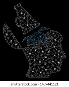 Glowing mesh open mind megaphone with glare effect. Abstract illuminated model of open mind megaphone icon. Shiny wire carcass triangular network open mind megaphone.