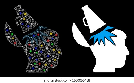 Glowing mesh open mind megaphone icon with glitter effect. Abstract illuminated model of open mind megaphone. Shiny wire frame polygonal mesh open mind megaphone icon.