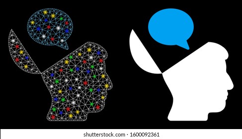 Glowing mesh open mind opinion icon with lightspot effect. Abstract illuminated model of open mind opinion. Shiny wire frame polygonal network open mind opinion icon.