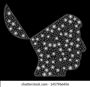 Glowing mesh open mind with sparkle effect. Abstract illuminated model of open mind icon. Shiny wire carcass polygonal mesh open mind. Vector abstraction on a black background.