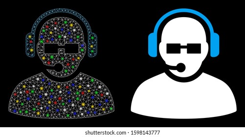 Glowing mesh operator icon with glow effect. Abstract illuminated model of operator. Shiny wire carcass triangular mesh operator icon. Vector abstraction on a black background.