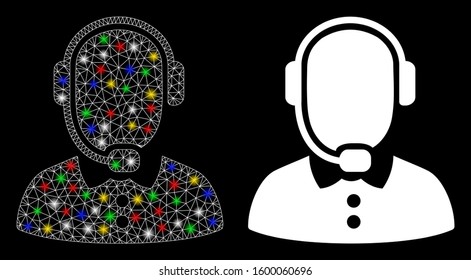 Glowing mesh operator icon with lightspot effect. Abstract illuminated model of operator. Shiny wire carcass polygonal mesh operator icon. Vector abstraction on a black background.