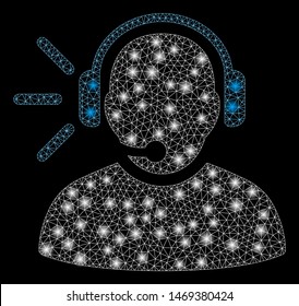 Glowing mesh operator message with glitter effect. Abstract illuminated model of operator message icon. Shiny wire carcass polygonal network operator message. Vector abstraction on a black background.