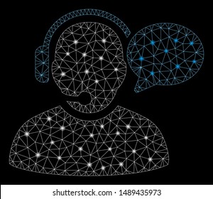 Glowing mesh operator message with sparkle effect. Abstract illuminated model of operator message icon. Shiny wire frame polygonal mesh operator message. Vector abstraction on a black background.