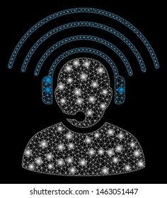 Glowing mesh operator radio signal with glare effect. Abstract illuminated model of operator radio signal icon. Shiny wire carcass triangular mesh operator radio signal.