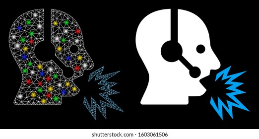 Glowing mesh operator shout icon with glow effect. Abstract illuminated model of operator shout. Shiny wire frame triangular mesh operator shout icon. Vector abstraction on a black background.