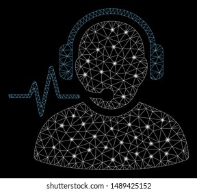 Glowing mesh operator signal with glare effect. Abstract illuminated model of operator signal icon. Shiny wire carcass polygonal mesh operator signal. Vector abstraction on a black background.