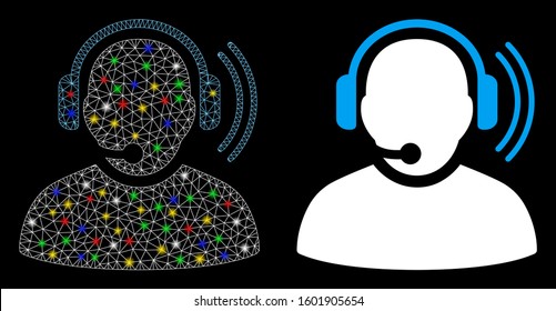 Glowing mesh operator signal icon with sparkle effect. Abstract illuminated model of operator signal. Shiny wire frame polygonal mesh operator signal icon. Vector abstraction on a black background.