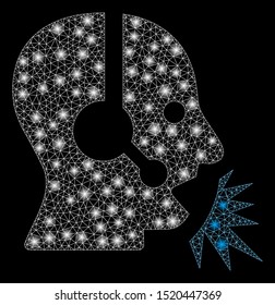 Glowing mesh operator speech with glitter effect. Abstract illuminated model of operator speech icon. Shiny wire carcass triangular mesh operator speech. Vector abstraction on a black background.