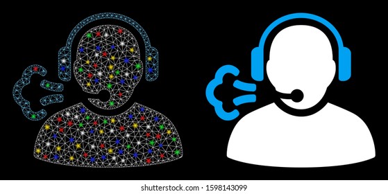 Glowing mesh operator speech icon with glitter effect. Abstract illuminated model of operator speech. Shiny wire carcass triangular mesh operator speech icon. Vector abstraction on a black background.