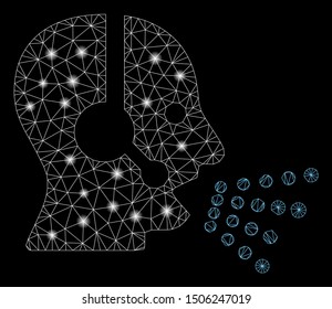 Glowing mesh operator speech with lightspot effect. Abstract illuminated model of operator speech icon. Shiny wire carcass polygonal mesh operator speech. Vector abstraction on a black background.
