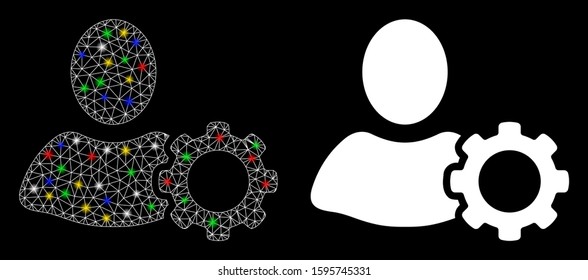 Glowing mesh options icon with glitter effect. Abstract illuminated model of options. Shiny wire carcass polygonal mesh options icon. Vector abstraction on a black background.