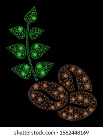 Glowing mesh organic coffee beans with glitter effect. Abstract illuminated model of organic coffee beans icon. Shiny wire frame triangular mesh organic coffee beans.