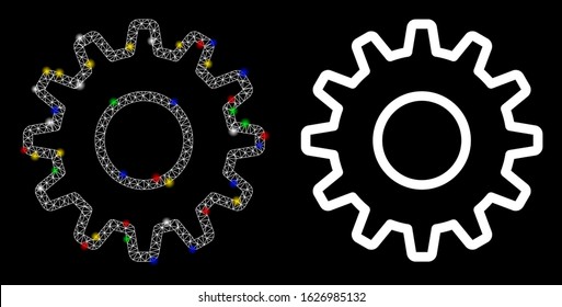Glowing mesh outline pinion icon with lightspot effect. Abstract illuminated model of outline pinion. Shiny wire frame triangular mesh outline pinion icon. Vector abstraction on a black background.