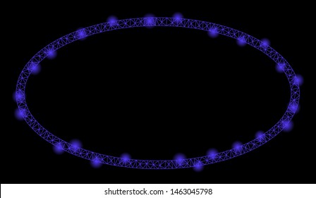 Glowing mesh oval frame with glare effect. Abstract illuminated model of oval frame icon. Shiny wire carcass triangular mesh oval frame. Vector abstraction on a black background.