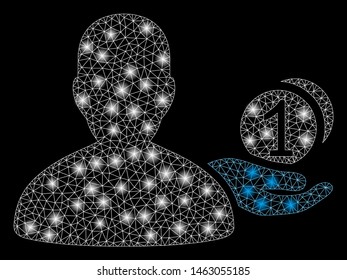 Glowing mesh panhandler with glow effect. Abstract illuminated model of panhandler icon. Shiny wire frame polygonal mesh panhandler. Vector abstraction on a black background.
