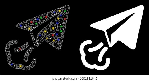 Glowing mesh paper plane start icon with glare effect. Abstract illuminated model of paper plane start. Shiny wire frame polygonal network paper plane start icon.