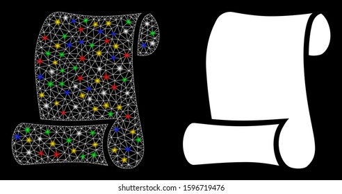 Glowing mesh paper roll icon with lightspot effect. Abstract illuminated model of paper roll. Shiny wire frame polygonal network paper roll icon. Vector abstraction on a black background.