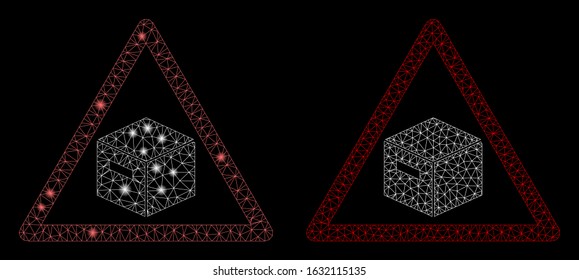 Glowing mesh parcel warning with lightspot effect. Abstract illuminated model of parcel warning icon. Shiny wire carcass triangular mesh parcel warning icon. Vector abstraction on a black background.