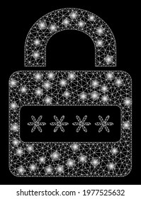 Glowing mesh password lock with glare effect. Abstract illuminated model of password lock icon. Shiny wire carcass triangular mesh password lock. Vector abstraction on a black background.