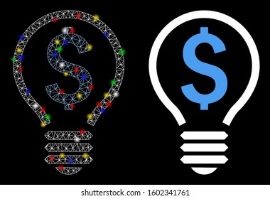 Glowing mesh patent bulb icon with lightspot effect. Abstract illuminated model of patent bulb. Shiny wire carcass triangular network patent bulb icon. Vector abstraction on a black background.