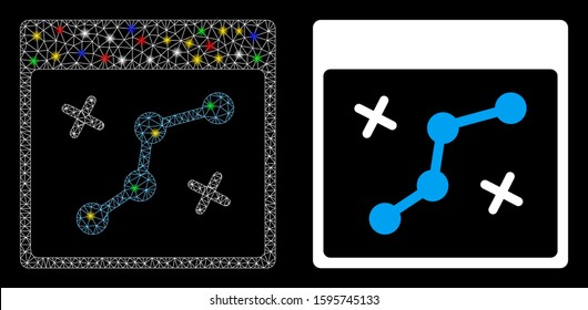 Glowing mesh path points calendar page icon with glitter effect. Abstract illuminated model of path points calendar page. Shiny wire carcass polygonal mesh path points calendar page icon.