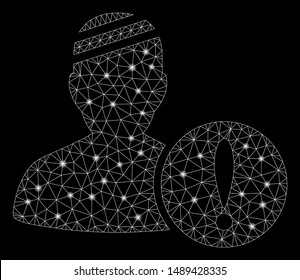 Glowing mesh patient problem with sparkle effect. Abstract illuminated model of patient problem icon. Shiny wire carcass triangular mesh patient problem. Vector abstraction on a black background.
