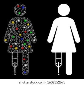 Glowing mesh patient woman icon with glitter effect. Abstract illuminated model of patient woman. Shiny wire carcass polygonal mesh patient woman icon. Vector abstraction on a black background.