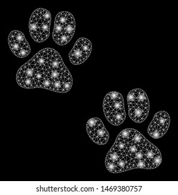 Glowing mesh paw footprints with glow effect. Abstract illuminated model of paw footprints icon. Shiny wire frame polygonal mesh paw footprints. Vector abstraction on a black background.