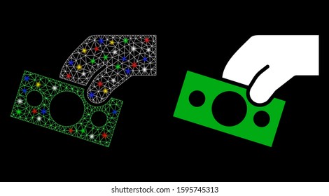 Glowing mesh pay banknote icon with glitter effect. Abstract illuminated model of pay banknote. Shiny wire carcass triangular mesh pay banknote icon. Vector abstraction on a black background.