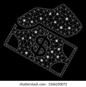 Glowing mesh payment with lightspot effect. Abstract illuminated model of payment icon. Shiny wire carcass polygonal mesh payment. Vector abstraction on a black background.