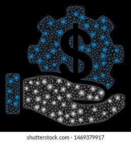 Glowing mesh payment options service hand with glare effect. Abstract illuminated model of payment options service hand icon. Shiny wire frame triangular network payment options service hand.