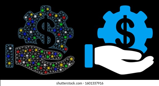 Glowing mesh payment options service hand icon with lightspot effect. Abstract illuminated model of payment options service hand. Shiny wire frame triangular mesh payment options service hand icon.