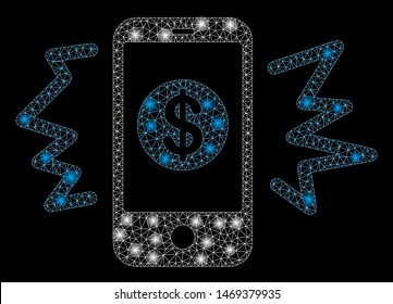 Glowing mesh payment phone ring with sparkle effect. Abstract illuminated model of payment phone ring icon. Shiny wire frame triangular network payment phone ring.