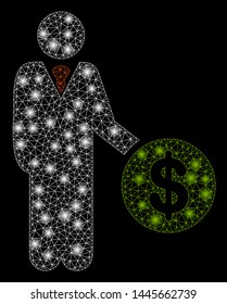 Glowing mesh payment with sparkle effect. Abstract illuminated model of payment icon. Shiny wire carcass triangular mesh payment. Vector abstraction on a black background.