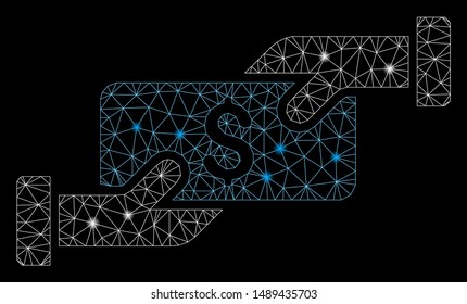 Glowing mesh payment with sparkle effect. Abstract illuminated model of payment icon. Shiny wire carcass triangular mesh payment. Vector abstraction on a black background.