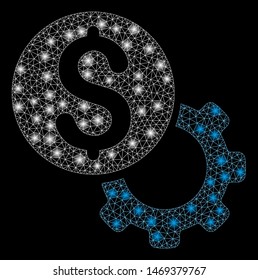 Glowing mesh payment tools with glare effect. Abstract illuminated model of payment tools icon. Shiny wire frame triangular mesh payment tools. Vector abstraction on a black background.