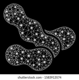 Glowing mesh peanuts with glitter effect. Abstract illuminated model of peanuts icon. Shiny wire frame triangular mesh peanuts. Vector abstraction on a black background.