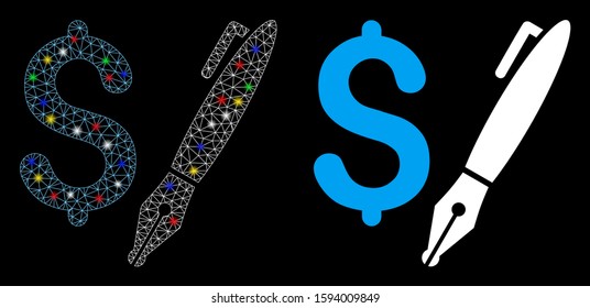 Glowing mesh pencil price icon with lightspot effect. Abstract illuminated model of pencil price. Shiny wire carcass polygonal network pencil price icon. Vector abstraction on a black background.