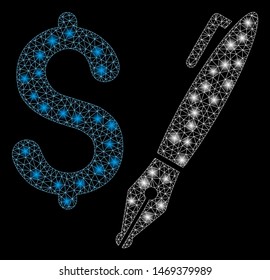 Glowing mesh pencil price with lightspot effect. Abstract illuminated model of pencil price icon. Shiny wire carcass polygonal network pencil price. Vector abstraction on a black background.