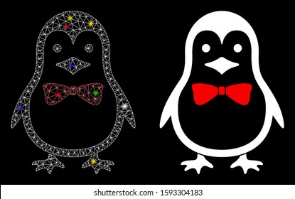 Glowing mesh penguin bow icon with glow effect. Abstract illuminated model of penguin bow. Shiny wire frame triangular mesh penguin bow icon. Vector abstraction on a black background.