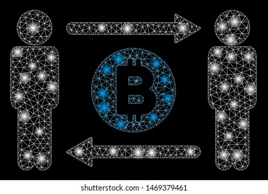 Glowing mesh people exchange Bitcoin coin with lightspot effect. Abstract illuminated model of people exchange Bitcoin coin icon. Shiny wire frame polygonal mesh people exchange Bitcoin coin.