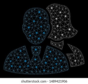 Glowing mesh people with glare effect. Abstract illuminated model of people icon. Shiny wire frame triangular mesh people. Vector abstraction on a black background.
