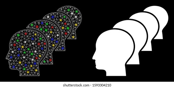 Glowing mesh people icon with sparkle effect. Abstract illuminated model of people. Shiny wire carcass triangular mesh people icon. Vector abstraction on a black background.