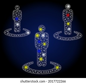 Glowing mesh people isolation with glare effect. Abstract illuminated vector model of people isolation icon on a dark blue gradiented background. White wire frame triangular mesh people isolation.