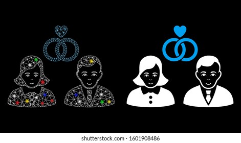 Glowing mesh people marriage icon with glitter effect. Abstract illuminated model of people marriage. Shiny wire frame triangular network people marriage icon.