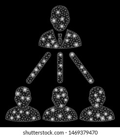 Glowing mesh people organization structure with lightspot effect. Abstract illuminated model of people organization structure icon. Shiny wire frame triangular mesh people organization structure.