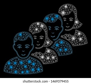 Glowing mesh people queue with glow effect. Abstract illuminated model of people queue icon. Shiny wire frame triangular mesh people queue. Vector abstraction on a black background.
