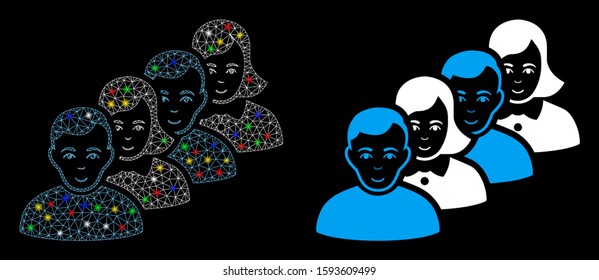 Glowing mesh people queue icon with sparkle effect. Abstract illuminated model of people queue. Shiny wire frame triangular mesh people queue icon. Vector abstraction on a black background.